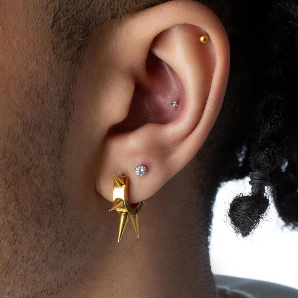 Stainless Steel Hoop Earrings Multi 6mm Spike Lined Huggie Pair Jewelry - Picture 4 of 8